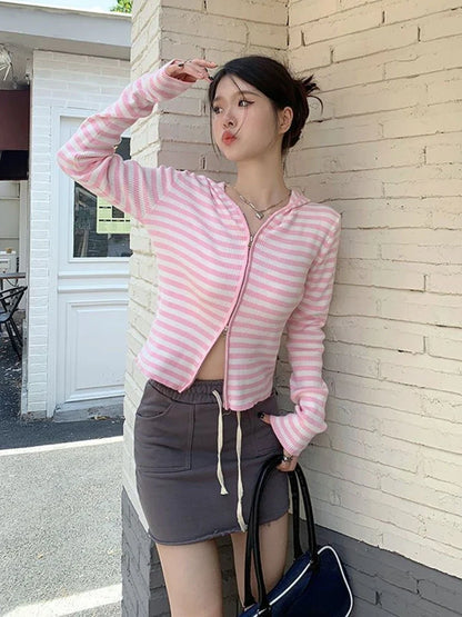 Pink Striped Vintage Y2k Aesthetic Women Cardigan Japanese Knitted Sweater Crop Coat Female Hooded Double Zipper Kardigany