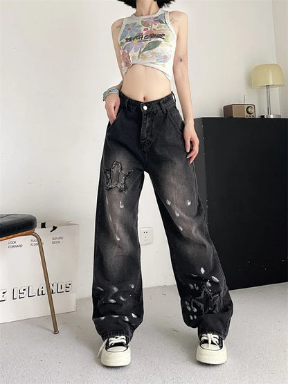 lovwvol Women's Star Splash Ink Design Unisex Jeans Street Summer Trousers Young Girl Street Bottoms Female High Waisted Denim Pants