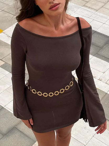 lovwvol  -  Slash Neck Brown Long Sleeve Short Dress Women Fashion Sexy Slim Fit Mini Robes  Autumn Bodycorn Casual Party Club Knitwear