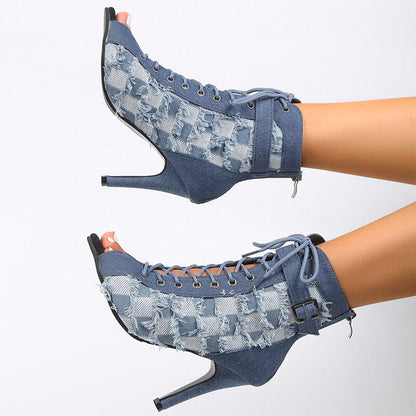 Blue Denim High Heels Boots Women 2023 Autumn Pointed Toe Peep Toe Ankle Boots Woman Plus Size 42 Zipper Thin Heeled Short Botas