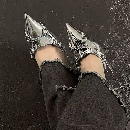 Y2K Silver High Heels Sandals Women Summer  Punk Goth Pointed Toe Party Shoes Woman Metallic Thin Heeled Dress Pumps Ladies