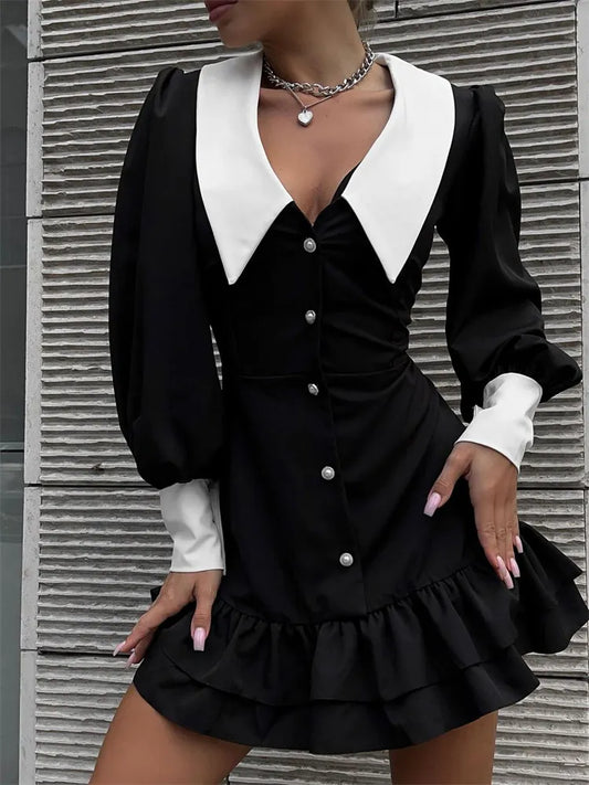 lovwvol  Black Ruffled Patchwork Mini Dress For Women High Waist V-Neck Slim Fashion Elegant Party Dress Gown Women's Sexy Dress