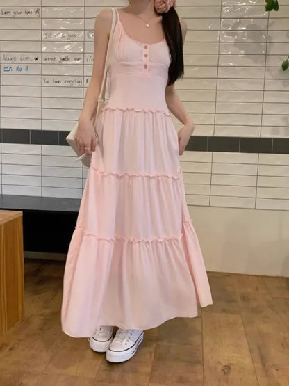 French Elegant Suspender Women's  Temperament Vest Dress Korean Fashion Matching Long Sleeveless Fairy  Dresses  Summer New