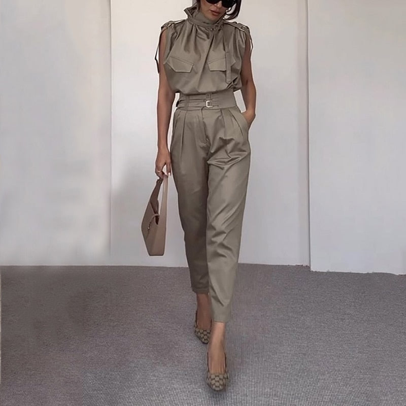 Two Piece Sets Women Summer 2023 Elegant Sleeveless Chic Long Pants Sets Tie Neck Belt Solid Office Outfit With Pocket