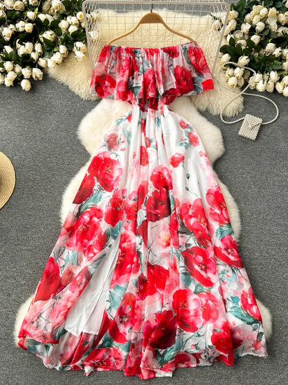 lovwvol Women Elegant Chiffon Party Dress Summer Ruffle Slash Neck Sexy Off Shoulder Beach Long Dresses Ladies Split Print Floral Dress