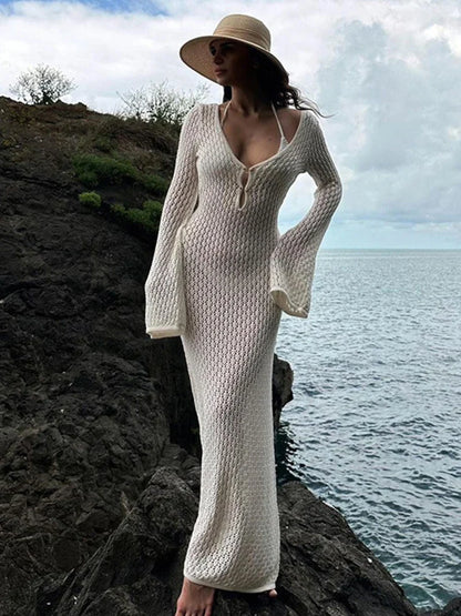 lovwvol - Long Sleeve See Through Backless Mini Dress Women Summer  Holiday Drawstring Bodycon  Beach Vacation Sexy Dresses