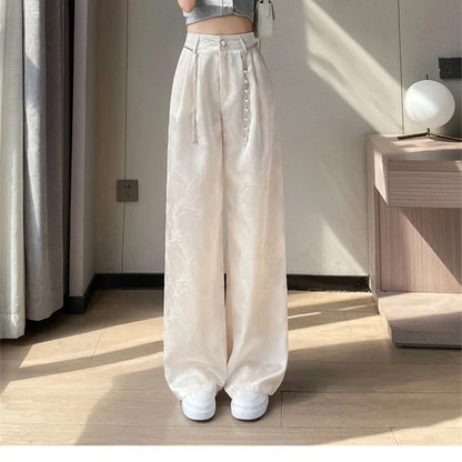 lovwvol Spring Autumn Women's Button Zipper High Waist Solid Chiffon Printed Geometric Shaped Wide Legs Casual Trousers Elegant Pants