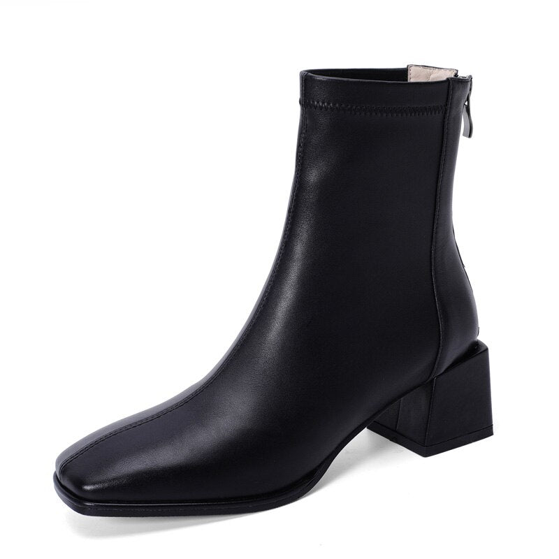 lovwvol Leather Women Riding Ankle Boots SmallHut Spring Autumn Black White Apricot Square Toe High Thick Boots Zipper Splicing Shoes