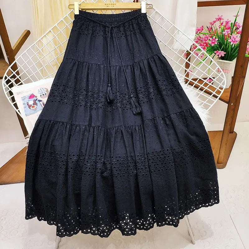 lovwvol Hollow Out Embroidery Cotton Lace Skirts for Women Vintage High Waist Ruffles Long Skirt Casual A-line Boho Falda Summer