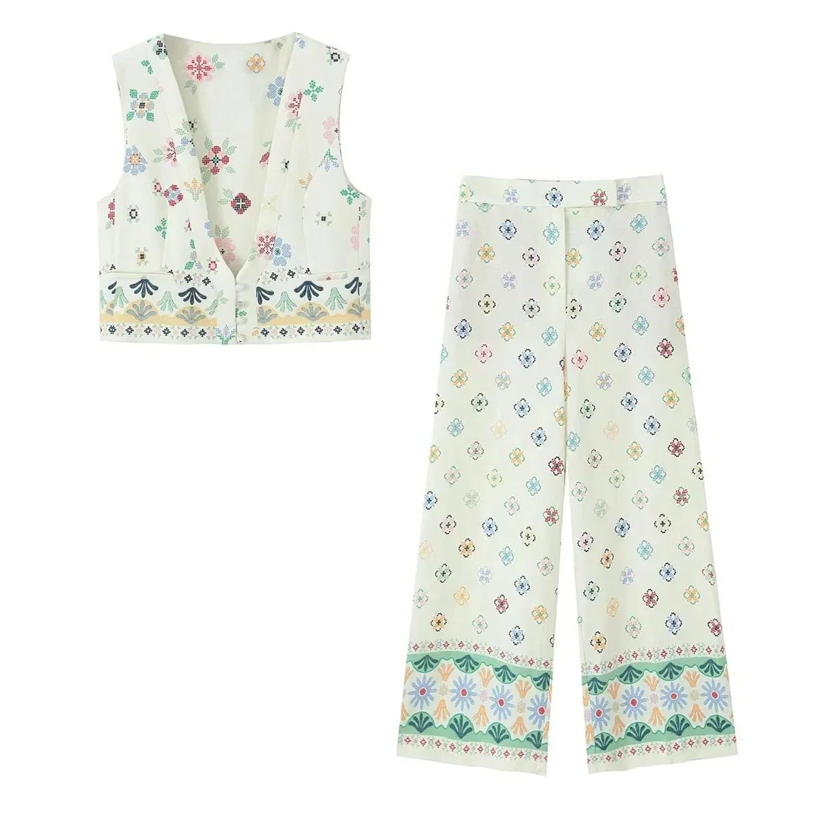 lovwvol  2 Pcs Pants Women Set Outfits Autumn Linen Cotton Printed Boho Vest+pants Wide Leg Long Pants Set Pockets Vintage Set