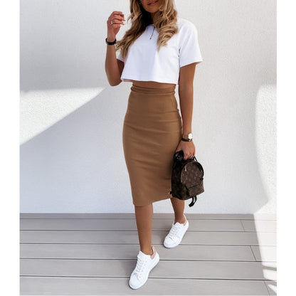 lovwvol Weekender Ribbed Knit Pencil Dress Set Summer Skirt Short Sleeved T-shirt Knee-Length Dress 2 Piece Sets Womens Outfits