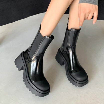 Chunky Heels Patent Leather Chelsea Boots Women 2023 Autumn Round Toe Thick Platform Ankle Boots Woman Slip On Mid Calf Booties