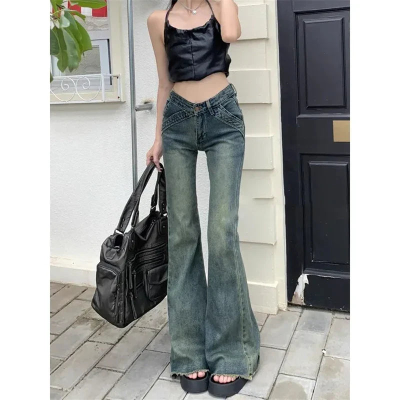 lovwvol Women's Vintage Street Style Micro Flared Pants Summer American Girl Casual Thin Trousers Female Sexy Denim Bell Bottom Jeans