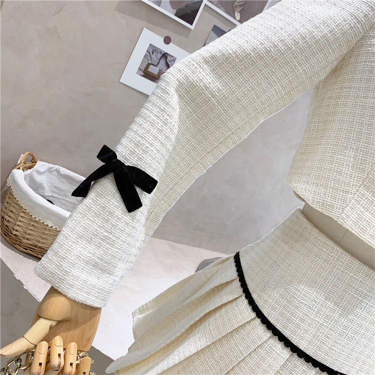 Small Fragrance Tweed 2 Piece Set Women Bow Short Jacket Coat + Skirt Suits Korean Sweet Outfits French Vintage Two Piece Sets