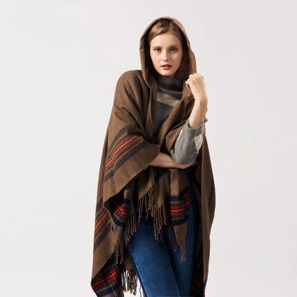 lovwvol Fringed Stripe Jacquard Knit hooded cloak Women Shawl Cape Cardigan Winter Warm Vintage Scarves Ponchos Scarf Outwear