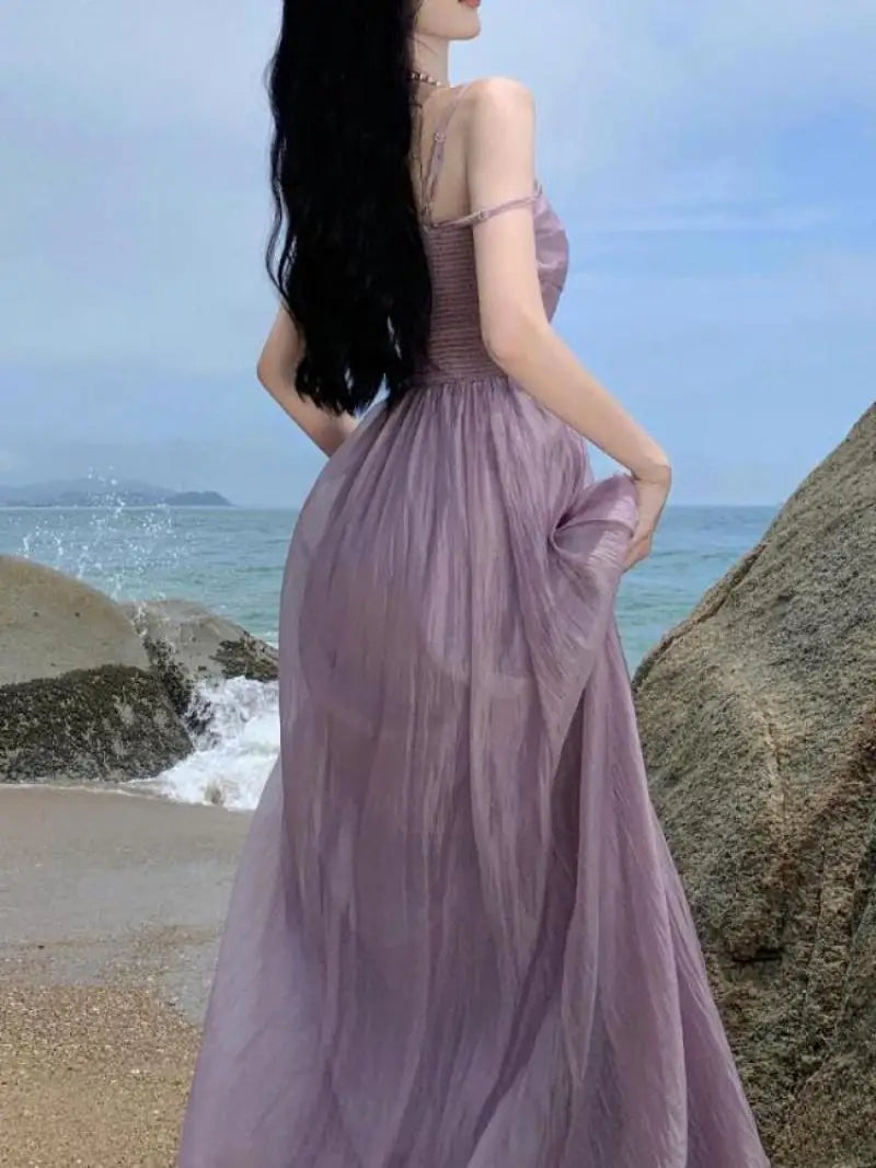 lovwvol Vintage Spaghetti Strap Purple Long Dresses for Women  Summer Sexy Tulle Pleats Fairy Evening Party Backless Female Clothing