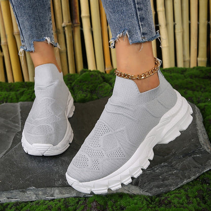 Breathable Mesh Thick Bottom Sneakers Women 2023 Autumn Platform Knitted Casual Shoes Woman Plus Size 42 Anti Slip Sock Shoes