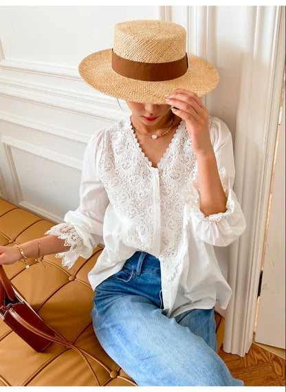 lovwvol Long Lantern Sleeve V Neck Lace Blouses Shirts Women Top Vintage White Cotton boho Autumn Blouse Party lady blusas