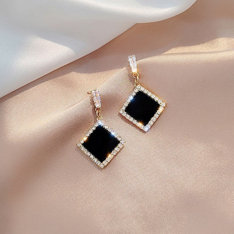 Korean Style Black Zircon Stud Earring For Women Shiny Rhinestone Square Geometric Earrings Girl Party Statement Jewelry Gifts