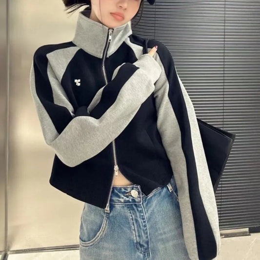 lovwvol   Korean Style Patchwork Zipper Sweatshirt Women Kpop Y2k Hippie Oversize Navy Crop Jackets 90s Vintage Harajuku Hoodie