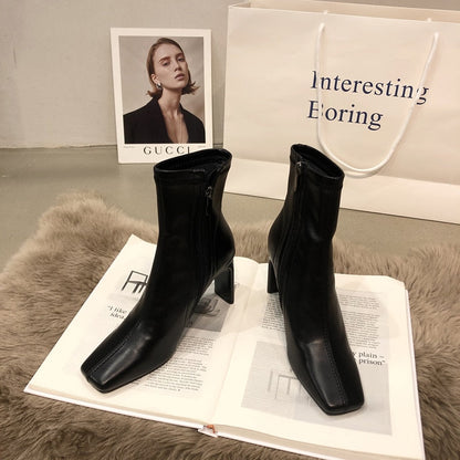 New Soft Peather Leather Women Ankle Boots Fashion Ladies Square High Heel Zipper Chelsea Short Boots Dress Pumps