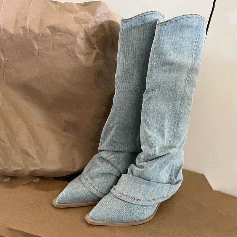 Pleats Blue Denim Thigh High Boots for Women  Autumn Thick Heeled Pointed Toe Cowboy Boots Woman Slip On Western Long Boots