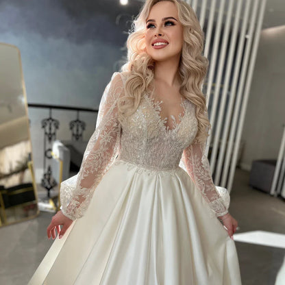 Exquisite A-line Wedding Dress For Bride Princess Lace Appliques Long Puffy Sleeves Vestido De Novia Boda Satin Robe