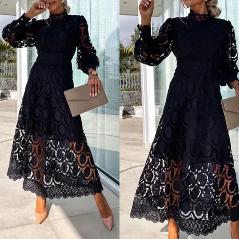 Spring New French Lace Dress For Women Elegant Stand Collar Commute Solid Color Long Sleeves Dresses Summer British Style dress