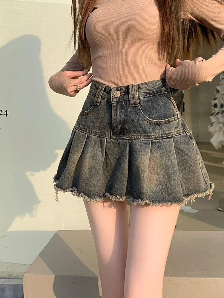 lovwvol Women's Y2k Vintage A-line Denim Skirts Streetwear High Waisted Girls 90s Washed Raw Hem Pleated Mini Skirts 2024 New