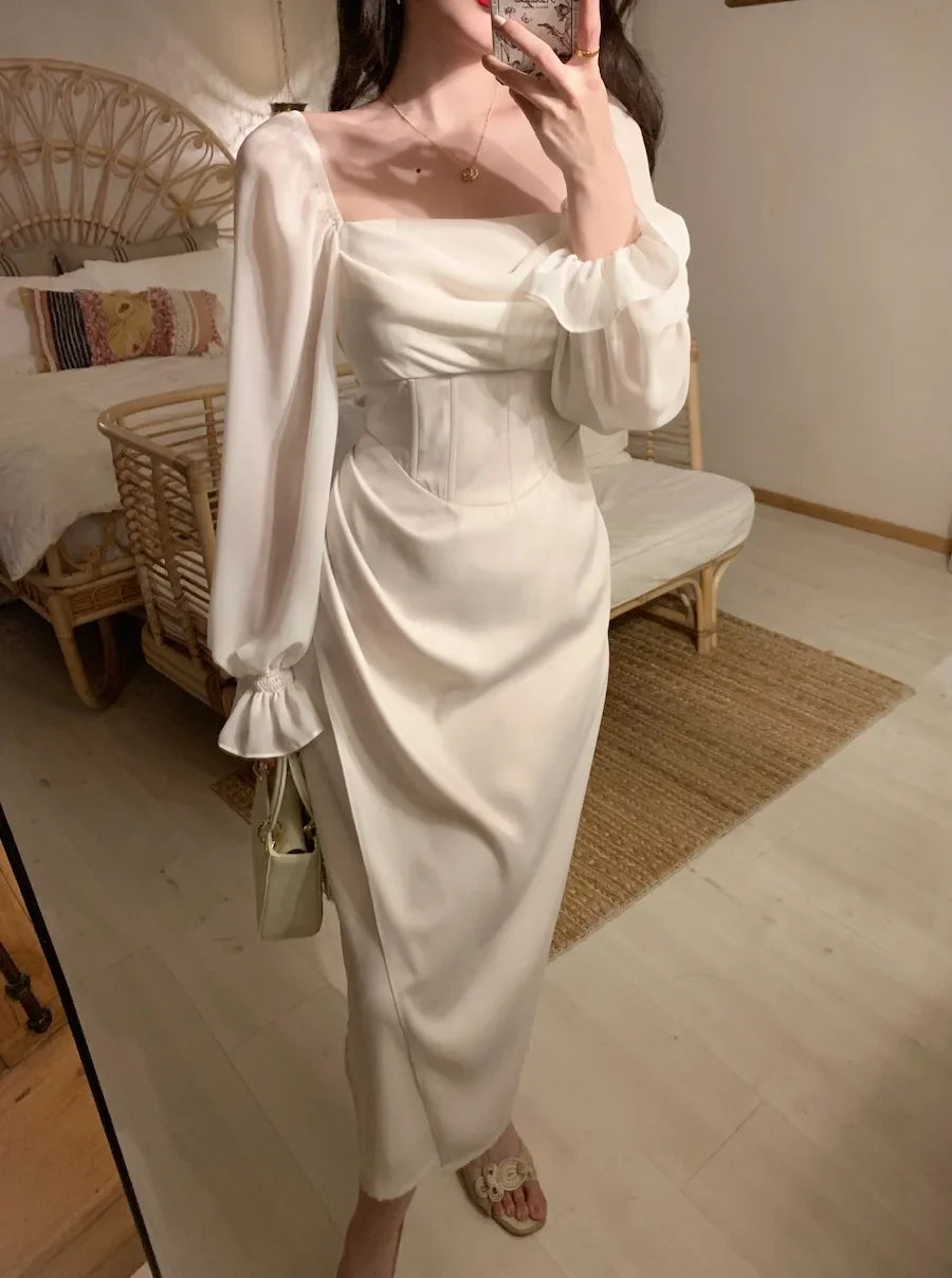 Vintage Wedding Party Midi Dresses for Women Spring New Square Collar Long Sleeves Elegant Fashion Evening Prom Female Clothing