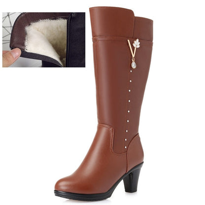 Women's Winter Boots Genuine Leather Female Boots Size dropshipping Warm High-heeled Wool Boots Women Trend Riding Boots Women