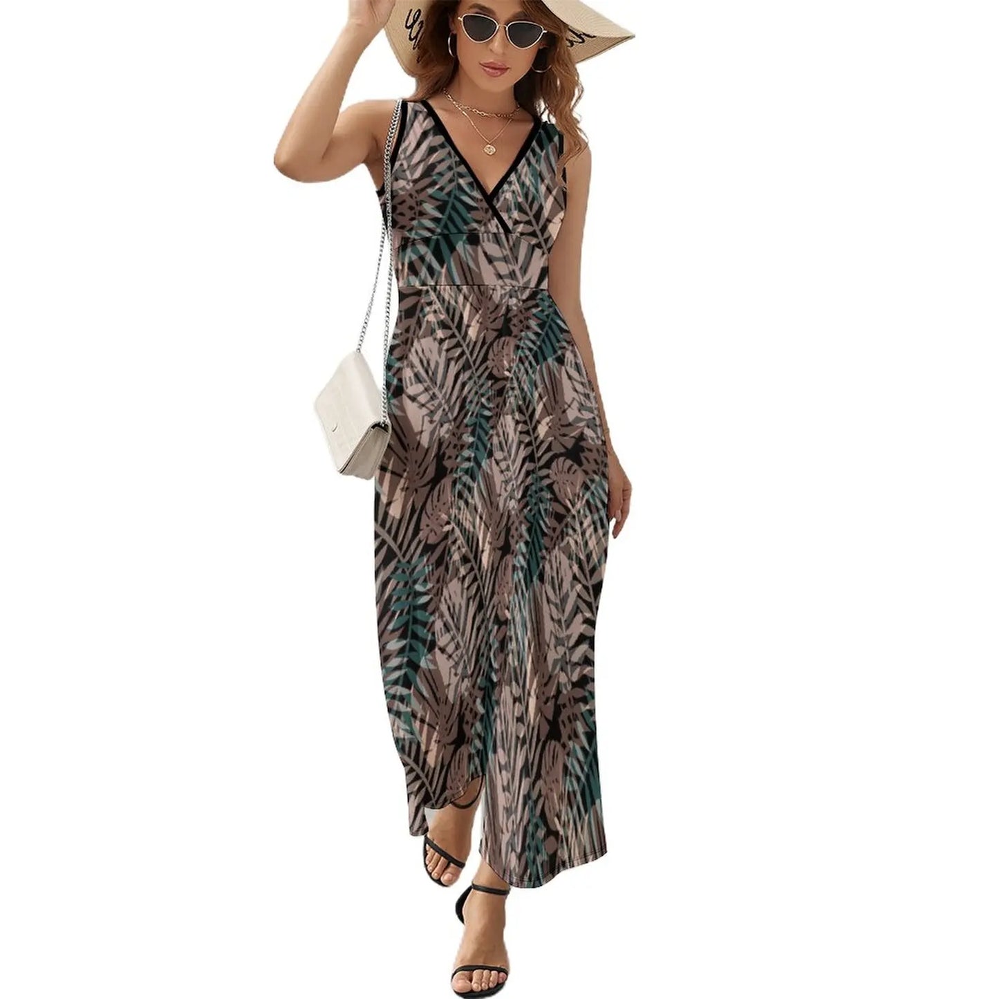 lovwvol Tropical Print Dress Female Orange Flowers Vintage Maxi Dress V Neck High Waist Aesthetic Design Boho Beach Long Dresses