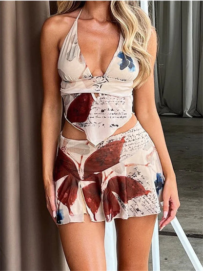 lovwvol Retro Women Summer 2pcs Outfits Deep V-neck Floral Print Halter Tank Tops Short Mini Skirts Sets Party Beachwear 2024