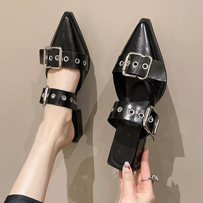 Punk Gothic Metal Buckle Low Heels Sandals Women 2023 New Pointed Toe Thick Heeled Summer Slippers Woman Platform Muller Shoes