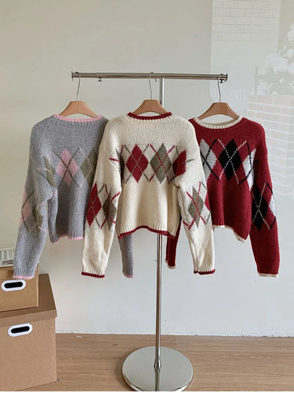 lovwvol Korean Fashion Knitted Pullovers Women Long Sleeve Autumn Winter Square Plaid Sweater Cozy Tide Loose Oversize Tops Harajuku