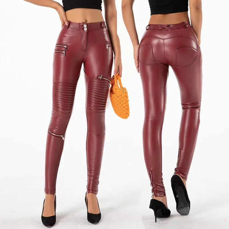 High Waist Faux Leather Moto Pants Women Punk Bodycon Stretchy Slim PU Trousers Streetwear Hip Pop Zip Pants Clubwear New Custom