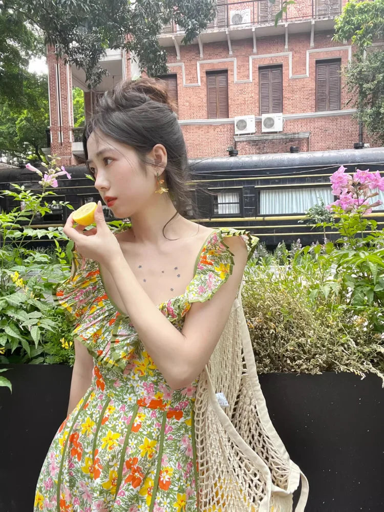 lovwvol Vintage Sweet Floral Robe Beautiful Holiday Style Dress Back Lacing High-waisted Chic Long Skirt Korean Fashion