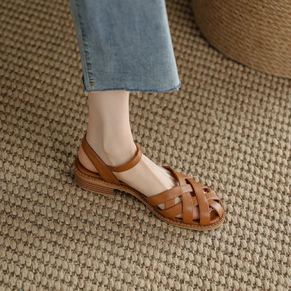 Sandals Retro Woman Shoes Block Heels Suit Female Beige Breathable New Original Chunky Summer Black Girls Low Closed Gladia