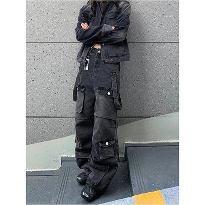 lovwvol  -  Black Women's Vibe Vintage Cargo Jeans Fashion Pocket High Waist Straight Pants High Street Baggy Mopping Denim Trouser Ladies W