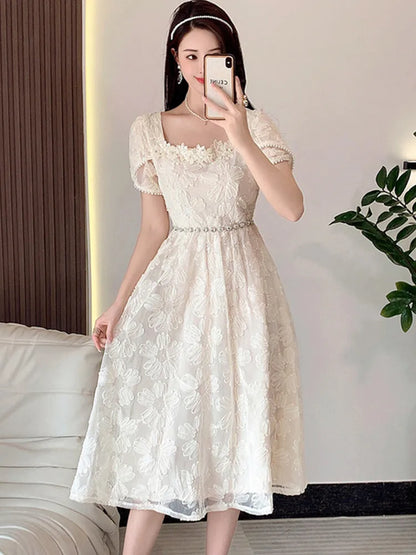 lovwvol New French Elegant Embroidery Short-Sleeved Summer Dress Women Fashion Luxury Diamond Beads Hollow Floral Dress