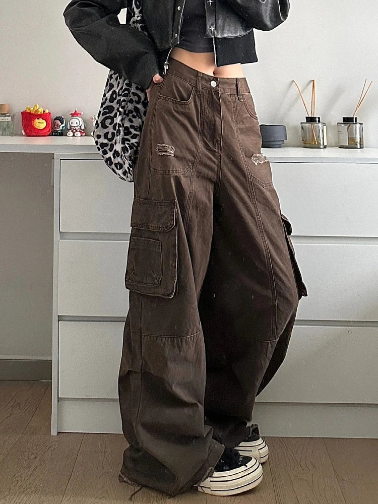 lovwvol Maillard Brown Pockets Cargo Pants Women Loose Casual Y2k Ripped Patchwork Distressed High Rise Baggy Jeans Workwear