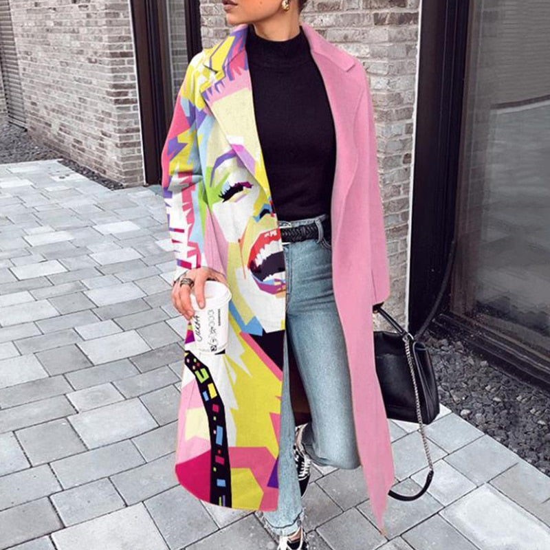 Fall Winter Elegant Women Fashion Lapel Collar Button Long Tops Outwear Casual Pattern Colorful Print Patchwork Cardigan Coats