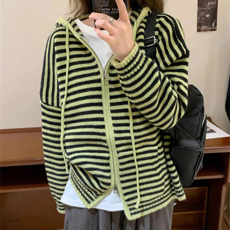 Contrast Color Striped Fashion Casual  Hooded Cardigans Autumn Sweet Sweaters Y2k Aesthetic All Match Women Dual Zippers Tops