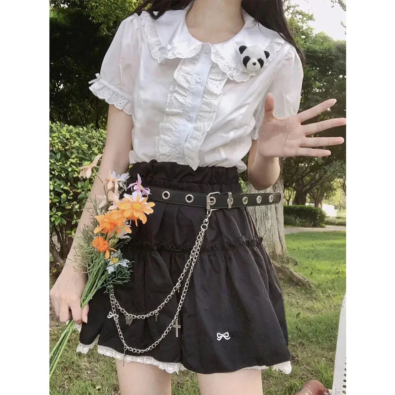 lovwvol Kawaii Lolita Blouses White Women Cute Lace Tops Ruffle Shirts Vintage Puff Sleeve Japanese Preppy Style Sweet Tops