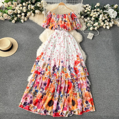 lovwvol Summer Runway Holiday Flower Cascarding Chiffon Dress Women Sexy Off Shoulder Ruffles Floral Print Boho Long Robe Vestidos