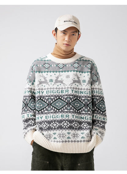 lovwvol Fashion Winter Men's Cool Boy Casual Loose Tess Knitted Pullover Sweater Soft Twist Pattern Warm Striped Reindeer Christmas