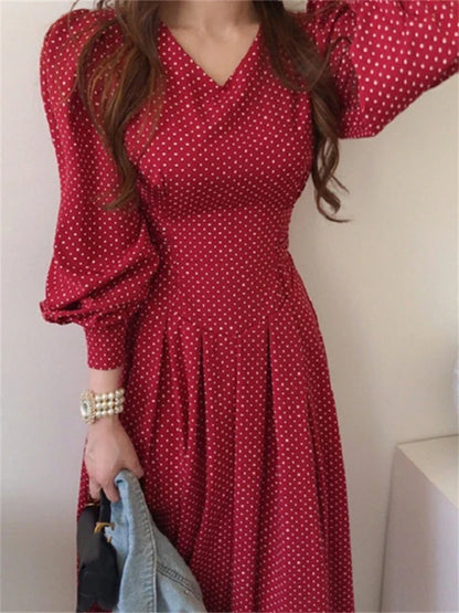 Spring Women Fashion French Vintage Maxi Dress One Piece Ladies Dot Print Vestdios Femme Porm Dress