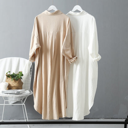 Women's Long Sleeve Shirt Midi Dress Summer Casual Cotton  Korean Solid  Buttons Loose Clothes Robe Femme Vestido Ladies Office