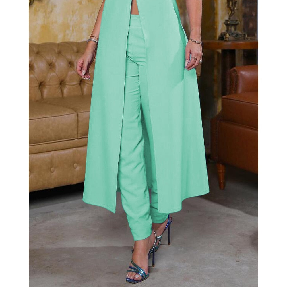 Women Fashion Sleeveless Two Piece Suit Sets Office Lady Work Wear Solid Halter High Slit Longline Top Pants Set