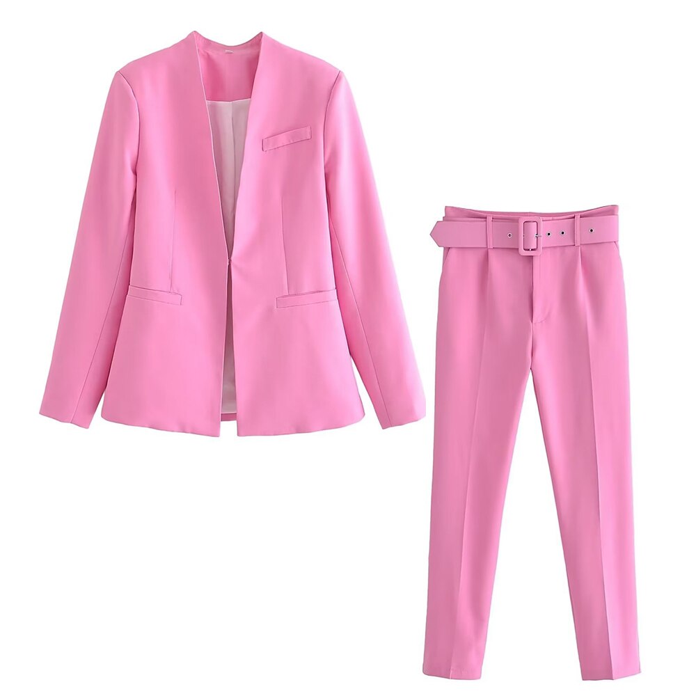 Women Fashion Two Pieces Sets Office Wear Blazers Coat And With Belt High Waist Pants Female